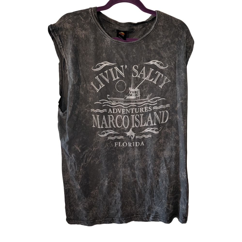 Sunsations Marco Island Florida Livin Salty Acid Wash Muscle‎ Tee Grey XL